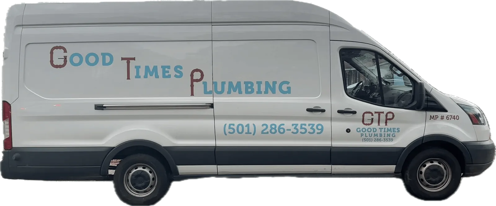 The Good Times Plumbing service van, marked with the phone number and Arkansas plumber license